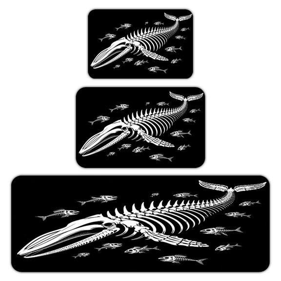 RKSupls Kitchen Rug Set 3 Piece Anti-Slip Flannel Floor Mats, Whale Skeleton Fish Bones Art Washable Absorbent Runner Mats for Kitchen Bathroom Home Decor