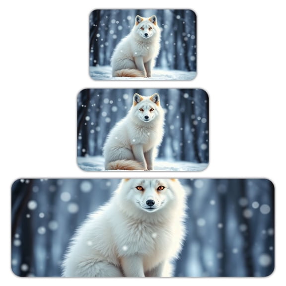RKSupls Kitchen Rug Set 3 Piece Anti-Slip Flannel Floor Mats, White Fox Winter Forest Washable Absorbent Runner Mats for Kitchen Bathroom Home Decor