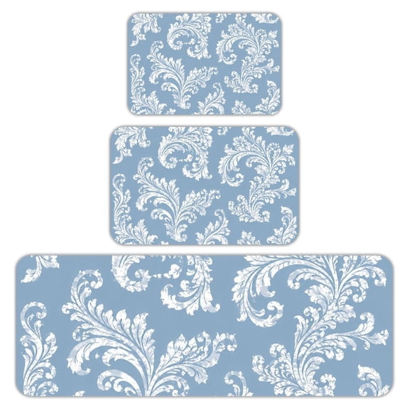 RKSupls Kitchen Rug Set 3 Piece Anti-Slip Flannel Floor Mats, White Scroll Corner Blue Pattern Washable Absorbent Runner Mats for Kitchen Bathroom Home Decor