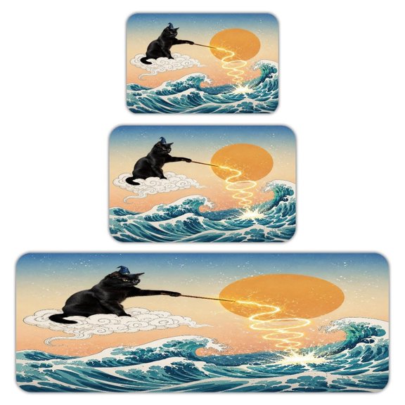RKSupls Kitchen Rug Set 3 Piece Anti-Slip Flannel Floor Mats, Wizard Cat On Cloud With Wand Washable Absorbent Runner Mats for Kitchen Bathroom Home Decor