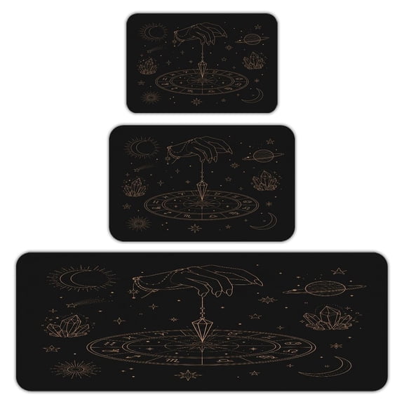 RKSupls Kitchen Rug Set 3 Piece Anti-Slip Flannel Floor Mats, Zodiac Pendulum Hand Crystal Planet Washable Absorbent Runner Mats for Kitchen Bathroom Home Decor