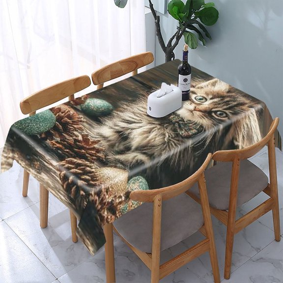 RKSupls Kitten Bow Pinecones Rectangle Dining Tablecloth, Washable Wipeable Stain & Wrinkle Resistant Polyester Tablecloth for Kitchen Picnic Party