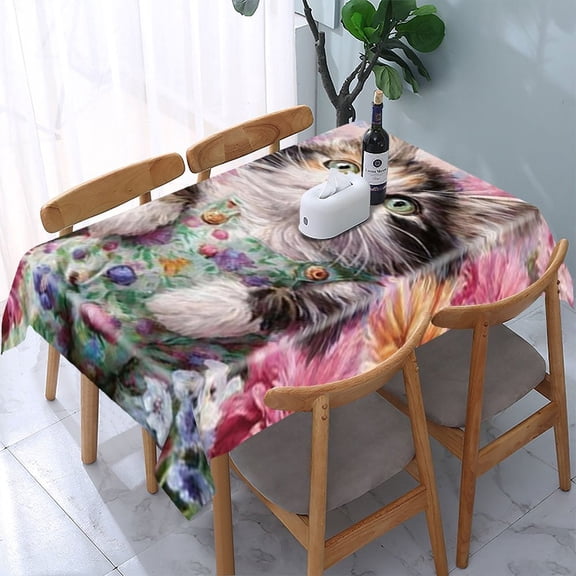 RKSupls Kitten Flowers Overalls Rectangle Dining Tablecloth, Washable Wipeable Stain & Wrinkle Resistant Polyester Tablecloth for Kitchen Picnic Party