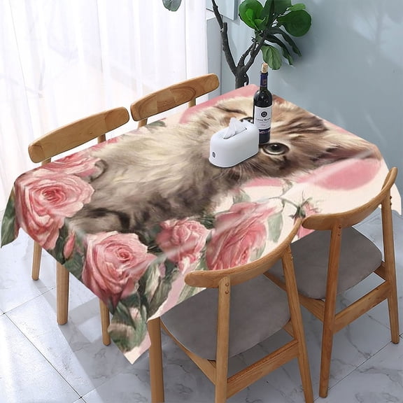 RKSupls Kitten Heart Roses Rectangle Dining Tablecloth, Washable Wipeable Stain & Wrinkle Resistant Polyester Tablecloth for Kitchen Picnic Party