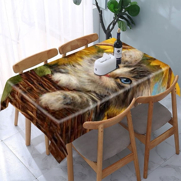 RKSupls Kitten Sunflowers Basket Rectangle Dining Tablecloth, Washable Wipeable Stain & Wrinkle Resistant Polyester Tablecloth for Kitchen Picnic Party