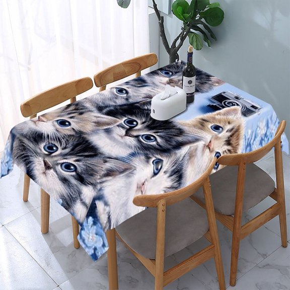 RKSupls Kittens Group Blue Rectangle Dining Tablecloth, Washable Wipeable Stain & Wrinkle Resistant Polyester Tablecloth for Kitchen Picnic Party