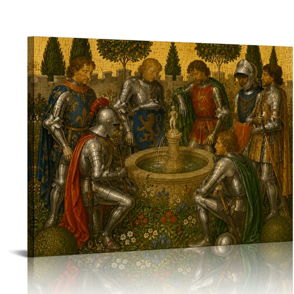 RKSupls Knights at Garden Fountain Ready to Hang, Modern Wall Decor, Bathroom Wall Art Bathroom Bedroom Kitchen Hallway Entrance Hall Living Room Wall Decor Prints