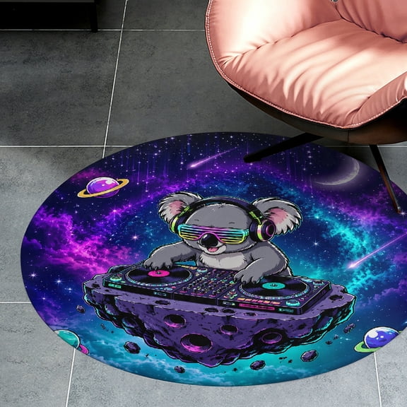 RKSupls Koala DJ on Asteroid Neon Space Art Round Flannel Floor Mat, Soft Non-Slip Washable Rug suitable for Living Room Bedroom Study, Decorative Floor Rug