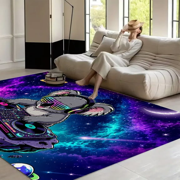 RKSupls Koala DJ on Asteroid Neon Space Art Soft Fluffy Velvet Area Rug for Living Room Bedroom, Non-Slip Washable Carpet, Chic Minimalist Home Decor