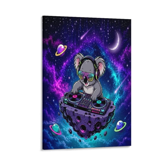 RKSupls Koala DJ on Asteroid Neon Space Art Canvas Wall Art Framed Painting, Modern Home Decor Print for Living Room Bedroom Office Wall Decoration