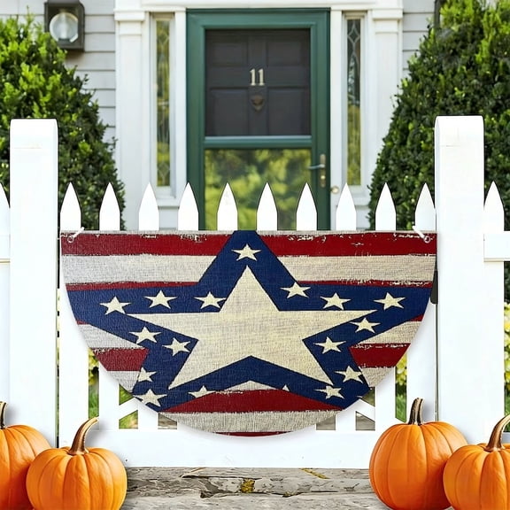 RKSupls Large Star over American Flag Canvas Patriotic Half Round American Flag Banner 1776-2026, USA Independence Day Fence Porch Hanging Decor