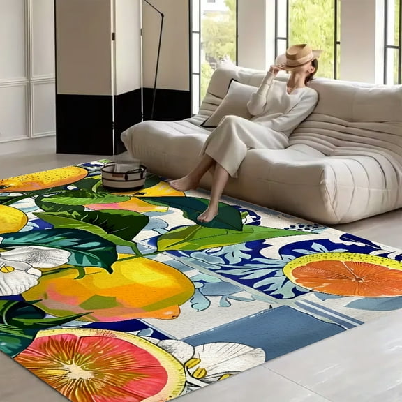 RKSupls Lemon On Blue Ceramic Tiles Soft Fluffy Velvet Area Rug for Living Room Bedroom, Non-Slip Washable Carpet, Modern Minimalist Home Decor Floor Mat