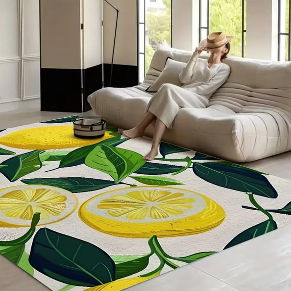 RKSupls Lemon Fruit Leaves Soft Fluffy Velvet Area Rug for Living Room Bedroom, Non-Slip Washable Carpet, Modern Minimalist Home Decor Floor Mat