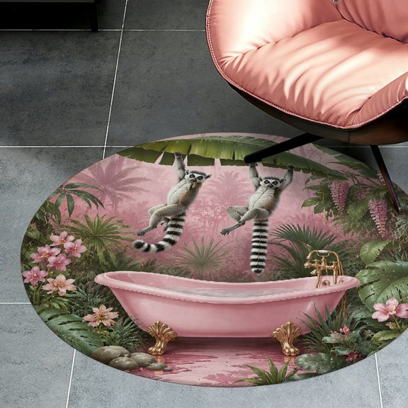 RKSupls Lemurs Pink Bathtub Jungle Plants Round Flannel Floor Mat, Soft Non-Slip Washable Rug suitable for Living Room Bedroom Study, Decorative Floor Rug