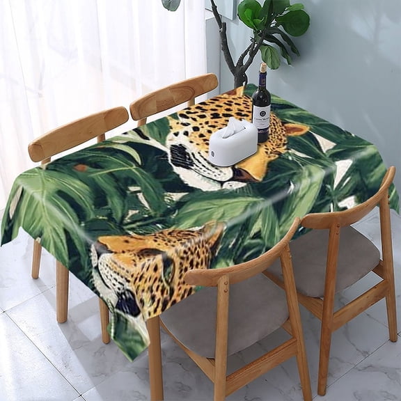 RKSupls Leopard Jungle Leaves Rectangle Dining Tablecloth, Washable Wipeable Stain & Wrinkle Resistant Polyester Tablecloth for Kitchen Picnic Party