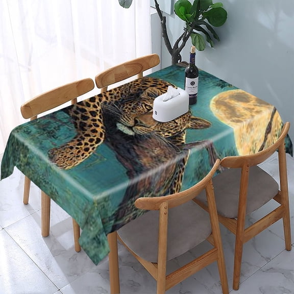RKSupls Leopard Moon Tree Rectangle Dining Tablecloth, Washable Wipeable Stain & Wrinkle Resistant Polyester Tablecloth for Kitchen Picnic Party