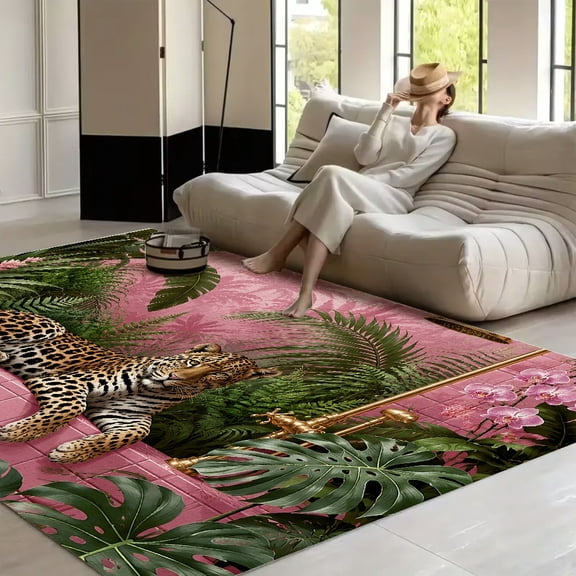 RKSupls Leopard Pink Shower Jungle Tiles Soft Fluffy Velvet Area Rug for Living Room Bedroom, Non-Slip Washable Carpet, Modern Minimalist Home Decor Floor Mat