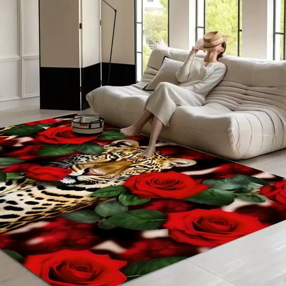 RKSupls Leopard Roses Jungle Wild Cat Floral Animal Portrait Nature Soft Fluffy Velvet Area Rug for Living Room Bedroom, Non-Slip Washable Carpet, Modern Minimalist Home Decor Floor Mat