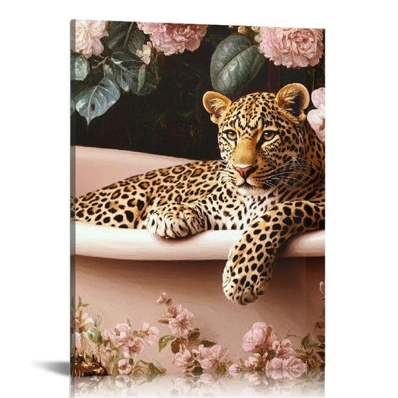 RKSupls Leopard in Bathtub Floral Canvas Wall Art, Canvas Prints Wall Art for Living Room Bedroom Entryway Office, Art Print Painting for Home Decor