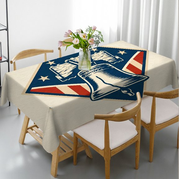 RKSupls Liberty Bell Emblem With Stars Print Rectangle Dining Tablecloth, Festive Table Setting Holiday-Themed Design, Liberty Bell Emblem With Stars