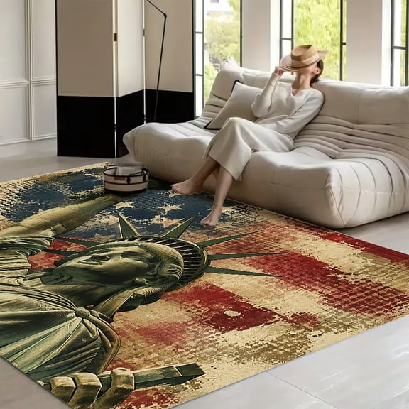 RKSupls Liberty Statue Torch Grunge Flag Soft Fluffy Velvet Area Rug for Living Room Bedroom, Non-Slip Washable Carpet, Modern Minimalist Home Decor Floor Mat