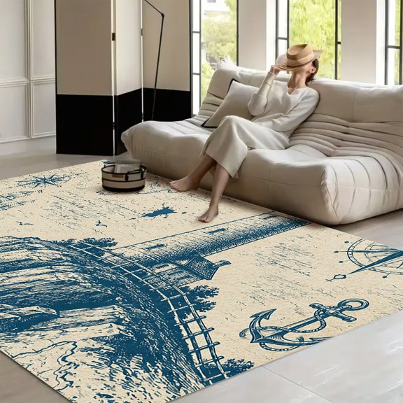 RKSupls Lighthouse Cliff Map Nautical Soft Fluffy Velvet Area Rug for Living Room Bedroom, Non-Slip Washable Carpet, Chic Minimalist Home Decor