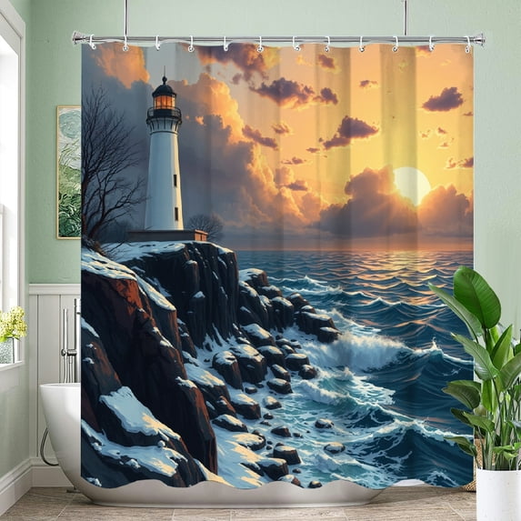 RKSupls Lighthouse Rocks Coastal Sunset Shower Curtain, Valentine's Day Waterproof Shower Curtain with Hooks for Home Bathtub Bathroom Decor Washable Fabric Curtains,180x180cm