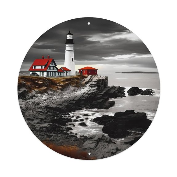 RKSupls Lighthouse Rocky Cliff Water 7.9x7.9in Round Aluminum Plaque Wall Art, UV Printed Vintage Metal Sign with Pre-Drilled Holes for Home Bar Garage Cafe Decor