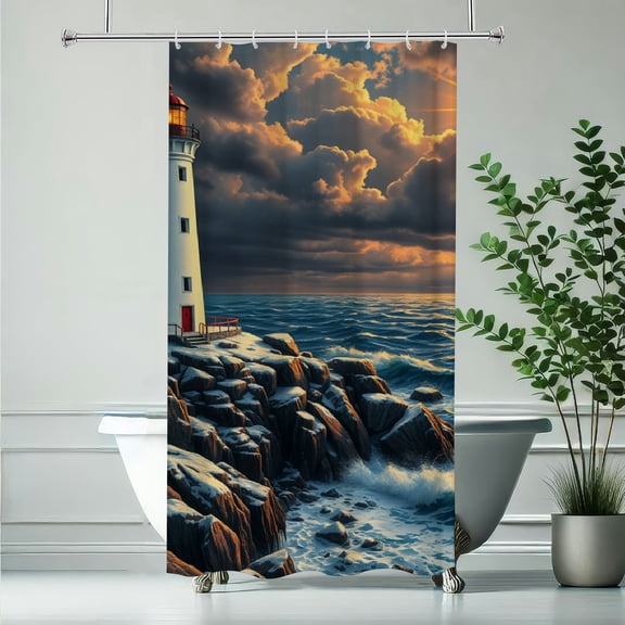 RKSupls Lighthouse Rocky Coast Sunset Shower Curtain, Valentine's Day Waterproof Shower Curtain with Hooks for Home Bathtub Bathroom Decor Washable Fabric Curtains,90x180cm