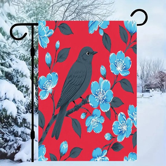 RKSupls Linen Double Sided Garden Flag, Bird Cherry Blossoms Red Background Vector Yard Flag Durable Wrinkle-Proof Outdoor Decor for Garden Lawn Patio and Holiday Gift