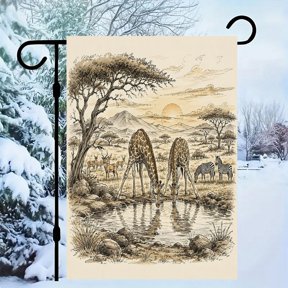 RKSupls Linen Double Sided Garden Flag, Giraffe Waterhole Sunset Sketch Art Yard Flag Durable Wrinkle-Proof Outdoor Decor for Garden Lawn Patio and Holiday Gift