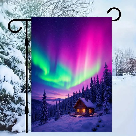 RKSupls Linen Double Sided Garden Flag, Pink Aurora Cabin Snow Yard Flag Durable Wrinkle-Proof Outdoor Decor for Garden Lawn Patio and Holiday Gift