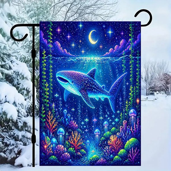 RKSupls Linen Double Sided Garden Flag, Pixel Whale Shark Night Ocean Yard Flag Durable Wrinkle-Proof Outdoor Decor for Garden Lawn Patio and Holiday Gift