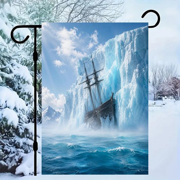 RKSupls Linen Double Sided Garden Flag, Ship Trapped in Ice Wall Yard Flag Durable Wrinkle-Proof Outdoor Decor for Garden Lawn Patio and Holiday Gift