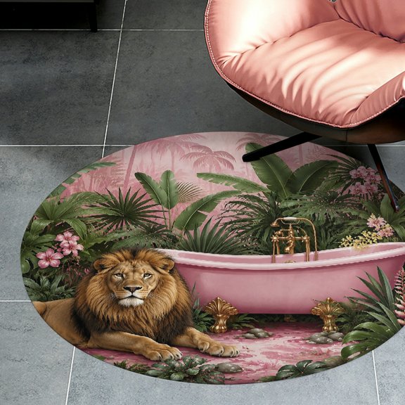 RKSupls Lion Pink Bathtub Tropical Garden  Round Flannel Floor Mat, Soft Non-Slip Washable Rug  suitable for Living Room Bedroom Study, Decorative Floor Rug
