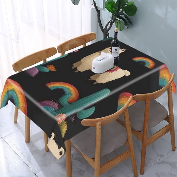 RKSupls Llama Cactus Rainbow Rectangle Dining Tablecloth, Washable Wipeable Stain & Wrinkle Resistant Polyester Tablecloth for Kitchen Picnic Party