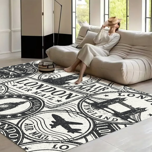 RKSupls London Travel Stamp Pattern With Landmarks  Soft Fluffy Velvet Area Rug   for Living Room Bedroom, Non-Slip Washable Carpet, Modern Minimalist Home Decor Floor Mat