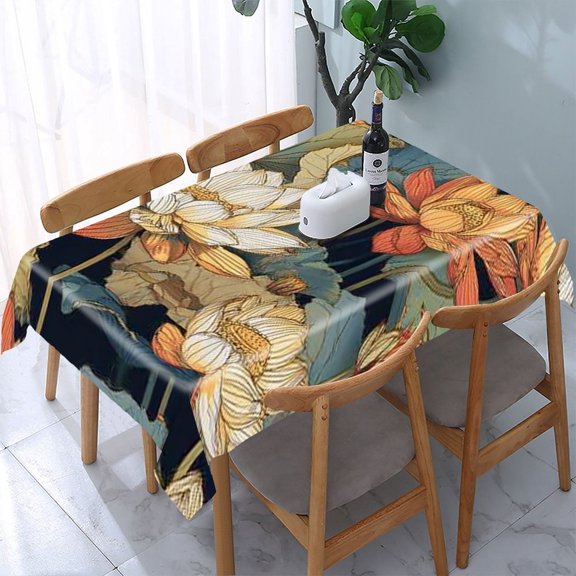 RKSupls Lotus Flowers Pattern Rectangle Dining Tablecloth, Washable Wipeable Stain & Wrinkle Resistant Polyester Tablecloth for Kitchen Picnic Party