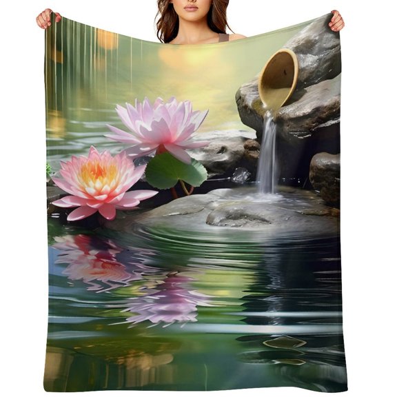 RKSupls Lotus Pond Waterfall Soft Flannel Throw Blanket, Lightweight Fuzzy Warm Cozy Blanket for Couch Bed Home Travel Decor