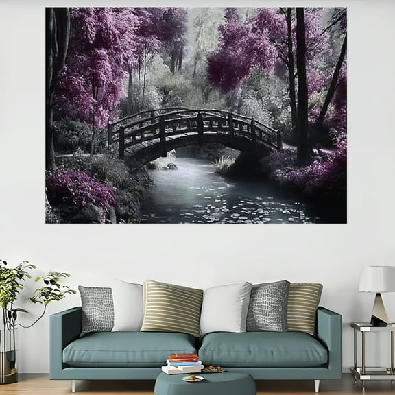 RKSupls Lush Purple Bougainvillea Forest and Rustic Bridge Tapestry,Home Tapestry Suitable for Hanging for Decorative Wall Hanging, Decorative Bedroom, Living Room Decoration - 60x40in