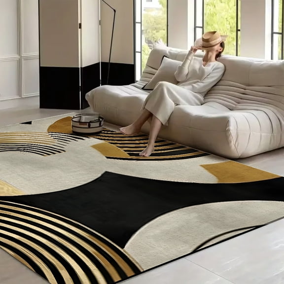 RKSupls Luxury Gold Black Circles Abstract Soft Fluffy Velvet Area Rug for Living Room Bedroom, Non-Slip Washable Carpet, Chic Minimalist Home Decor