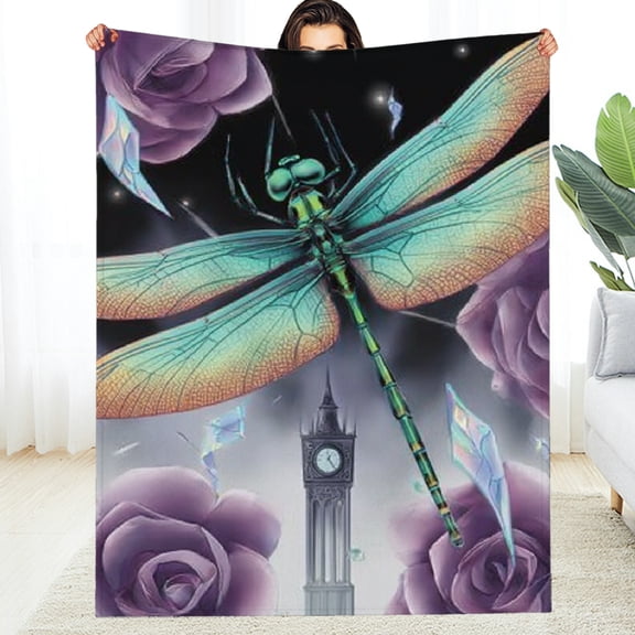 RKSupls Magic Dragonfly Rose Throw Blanket, Soft Warm Lightweight Flannel Throw Blanket for Couch, Bed, Outdoor, Cozy Fluffy Fuzzy Blankets for Women Boys Girls, Home Decor, 50*60in