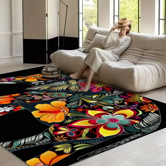 RKSupls Mandala Floral Elephant Soft Fluffy Velvet Area Rug for Living Room Bedroom, Non-Slip Washable Carpet, Modern Minimalist Home Decor Floor Mat