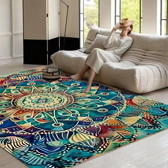 RKSupls Mandala Flower Soft Fluffy Velvet Area Rug for Living Room Bedroom, Non-Slip Washable Carpet, Modern Minimalist Home Decor Floor Mat