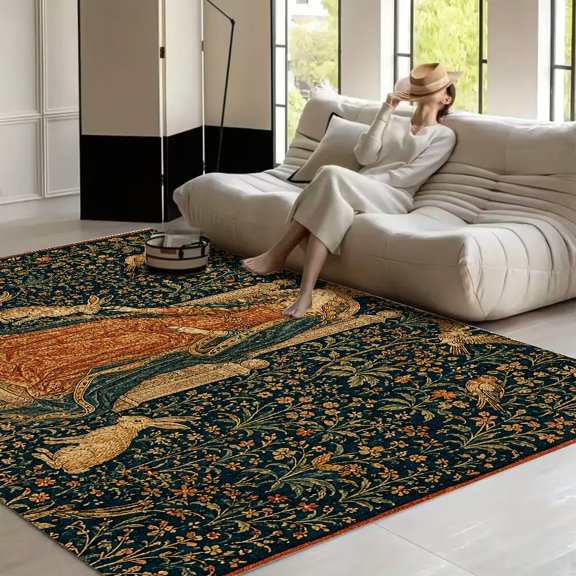 RKSupls Medieval Queen Rabbits Tapestry  Soft Fluffy Velvet Area Rug   for Living Room Bedroom, Non-Slip Washable Carpet, Modern Minimalist Home Decor Floor Mat