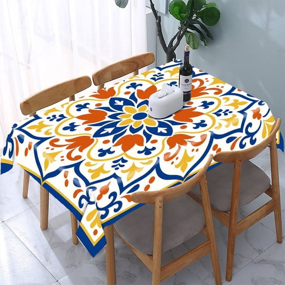 RKSupls Mediterranean Square Flower Mandala Rectangle Dining Tablecloth, Washable Wipeable Stain & Wrinkle Resistant Polyester Tablecloth for Kitchen Picnic Party