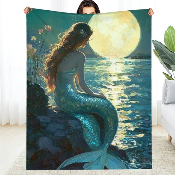 RKSupls Mermaid Moonlight Ocean Soft Flannel Throw Blanket, Lightweight Fuzzy Warm Cozy Blanket for Couch Bed Home Travel Decor