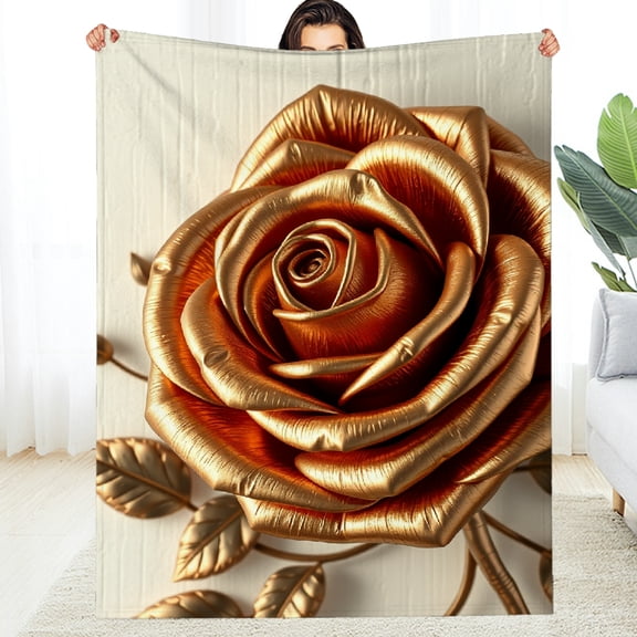 RKSupls Metallic Gold Rose Soft Flannel Throw Blanket, Lightweight Fuzzy Warm Cozy Blanket for Couch Bed Home Travel Decor