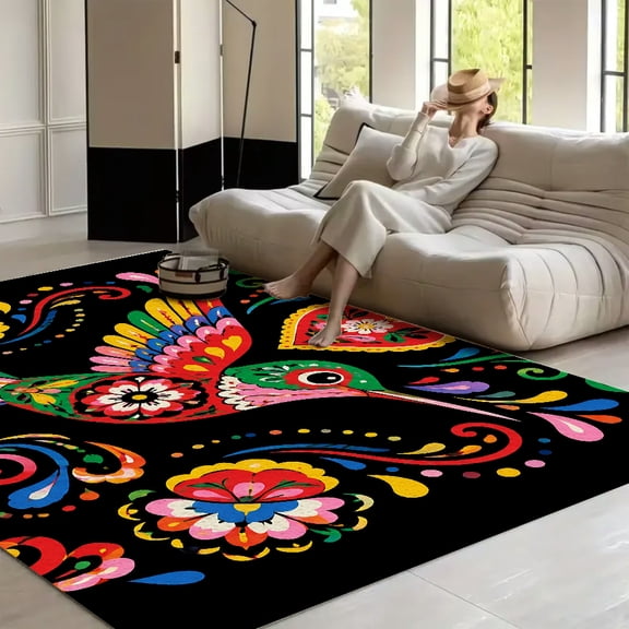 RKSupls Mexican Folk Art Hummingbird Heart  Soft Fluffy Velvet Area Rug   for Living Room Bedroom, Non-Slip Washable Carpet, Modern Minimalist Home Decor Floor Mat