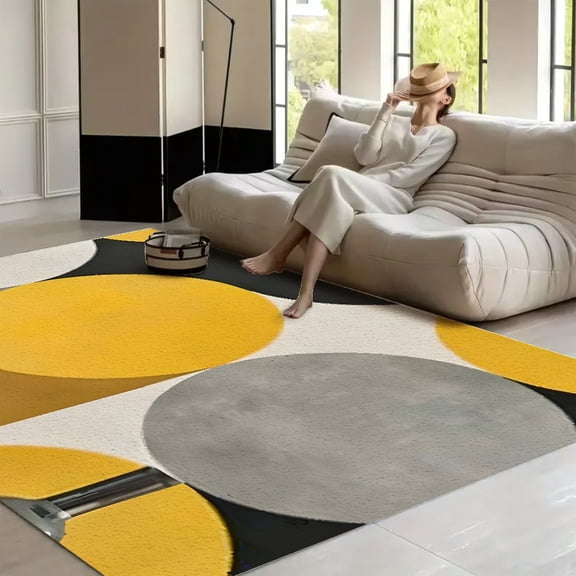 RKSupls Mid-Century Modern Abstract Geometry Yellow Grey Black  Soft Fluffy Velvet Area Rug   for Living Room Bedroom, Non-Slip Washable Carpet, Modern Minimalist Home Decor Floor Mat